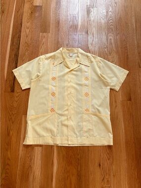 Romani Vintage 60s 70s Yellow Guayabera Camp Collar Aloha Hawaiian S/S Shirt XL